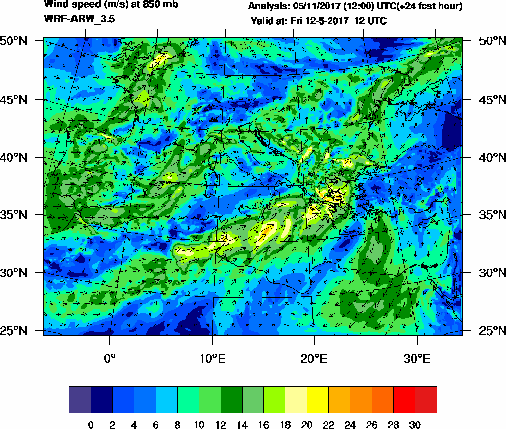 Wind speed (m/s) at 850 mb - 2017-05-12 12:00