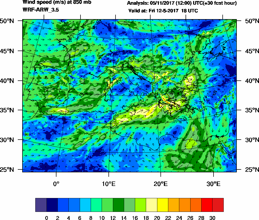 Wind speed (m/s) at 850 mb - 2017-05-12 18:00