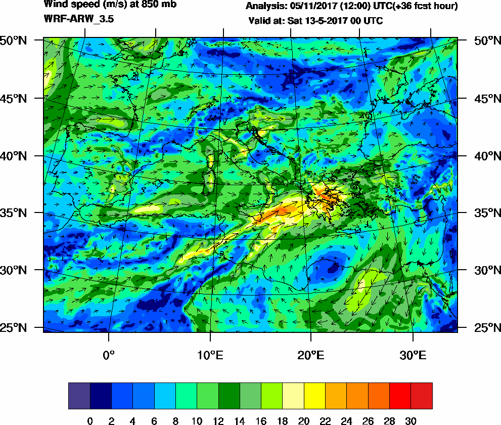 Wind speed (m/s) at 850 mb - 2017-05-13 00:00