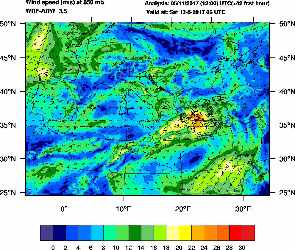 Wind speed (m/s) at 850 mb - 2017-05-13 06:00