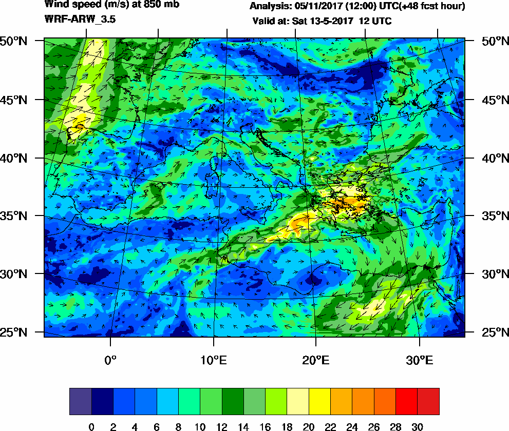 Wind speed (m/s) at 850 mb - 2017-05-13 12:00