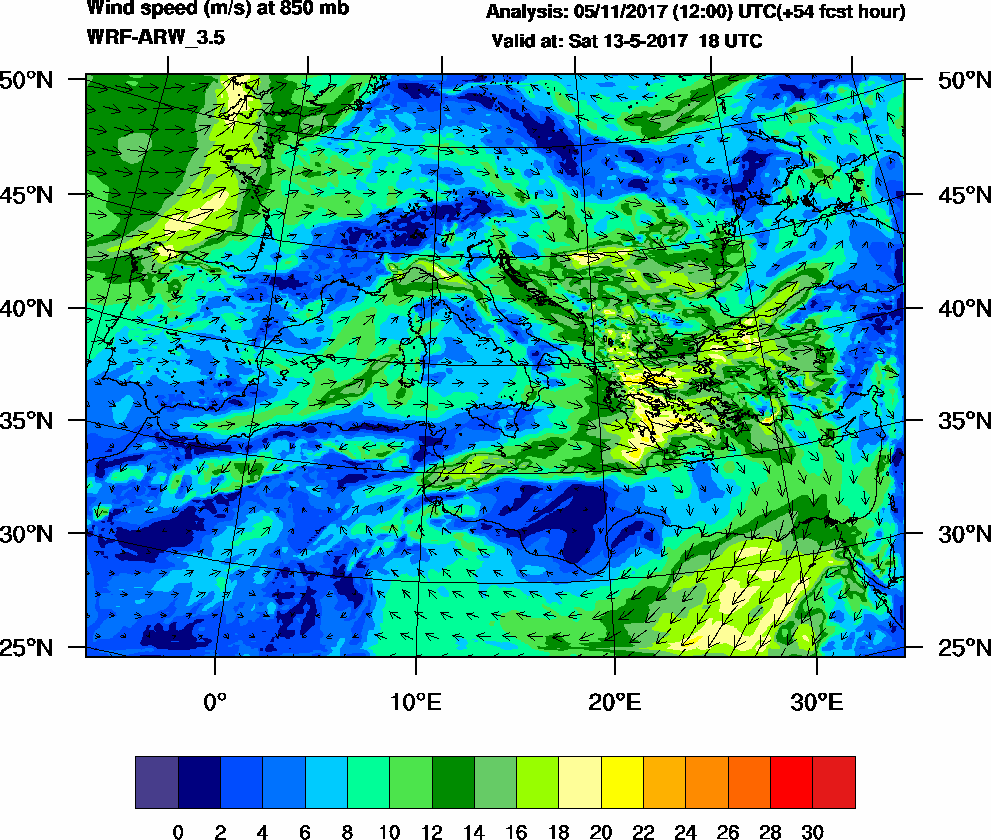 Wind speed (m/s) at 850 mb - 2017-05-13 18:00