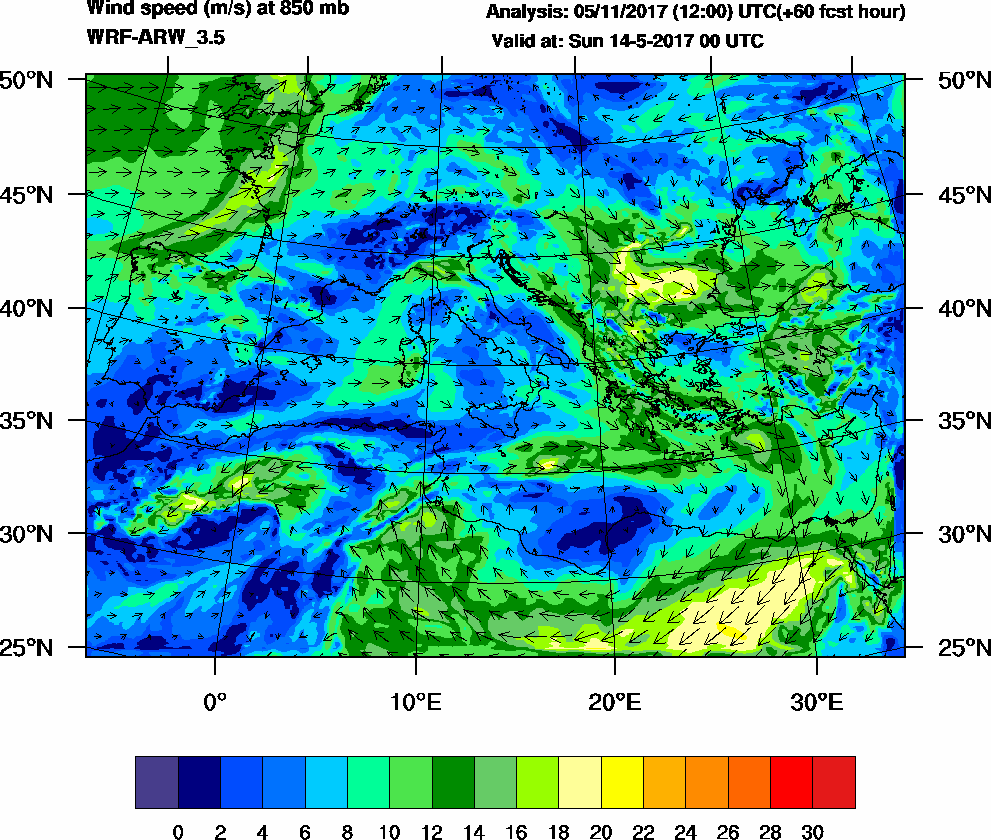 Wind speed (m/s) at 850 mb - 2017-05-14 00:00