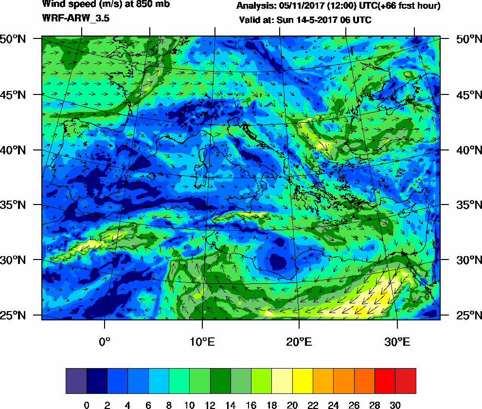 Wind speed (m/s) at 850 mb - 2017-05-14 06:00