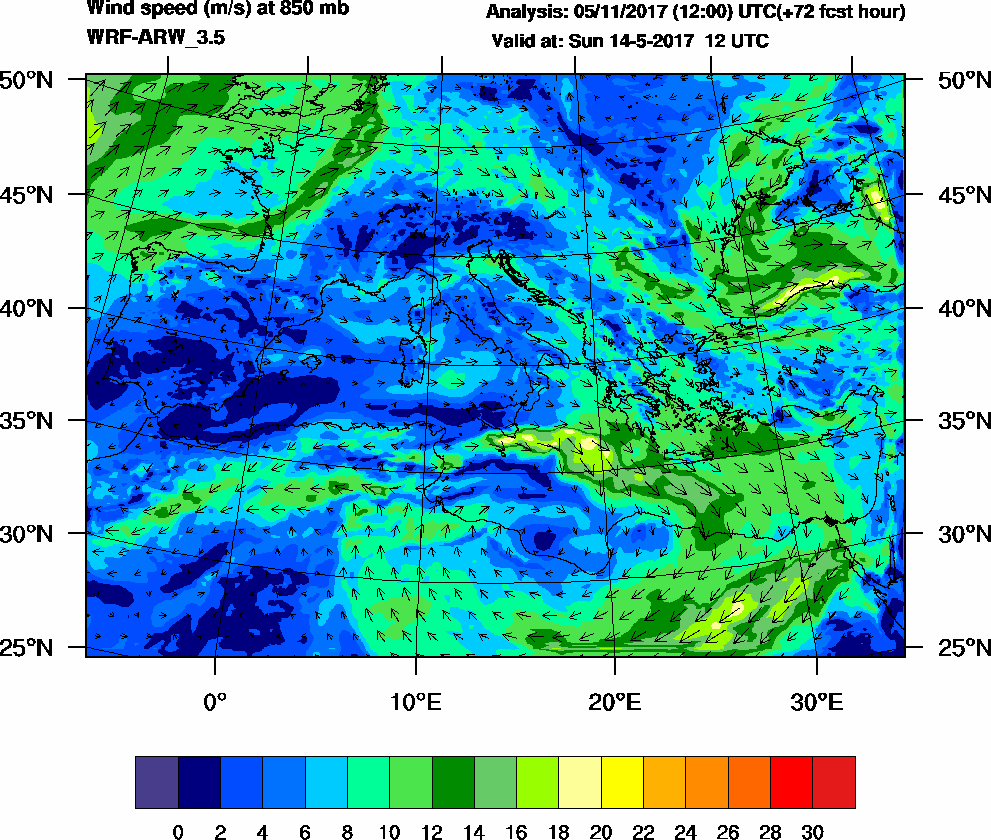 Wind speed (m/s) at 850 mb - 2017-05-14 12:00