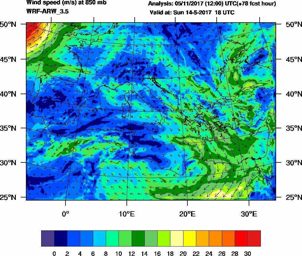 Wind speed (m/s) at 850 mb - 2017-05-14 18:00