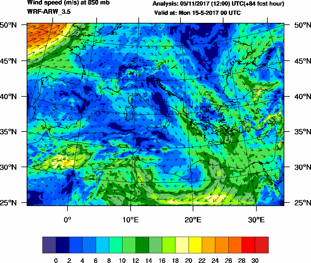 Wind speed (m/s) at 850 mb - 2017-05-15 00:00