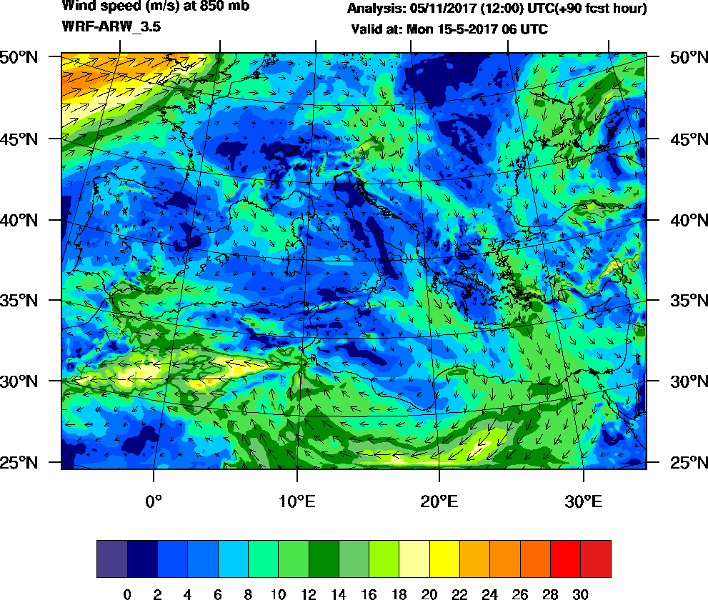 Wind speed (m/s) at 850 mb - 2017-05-15 06:00