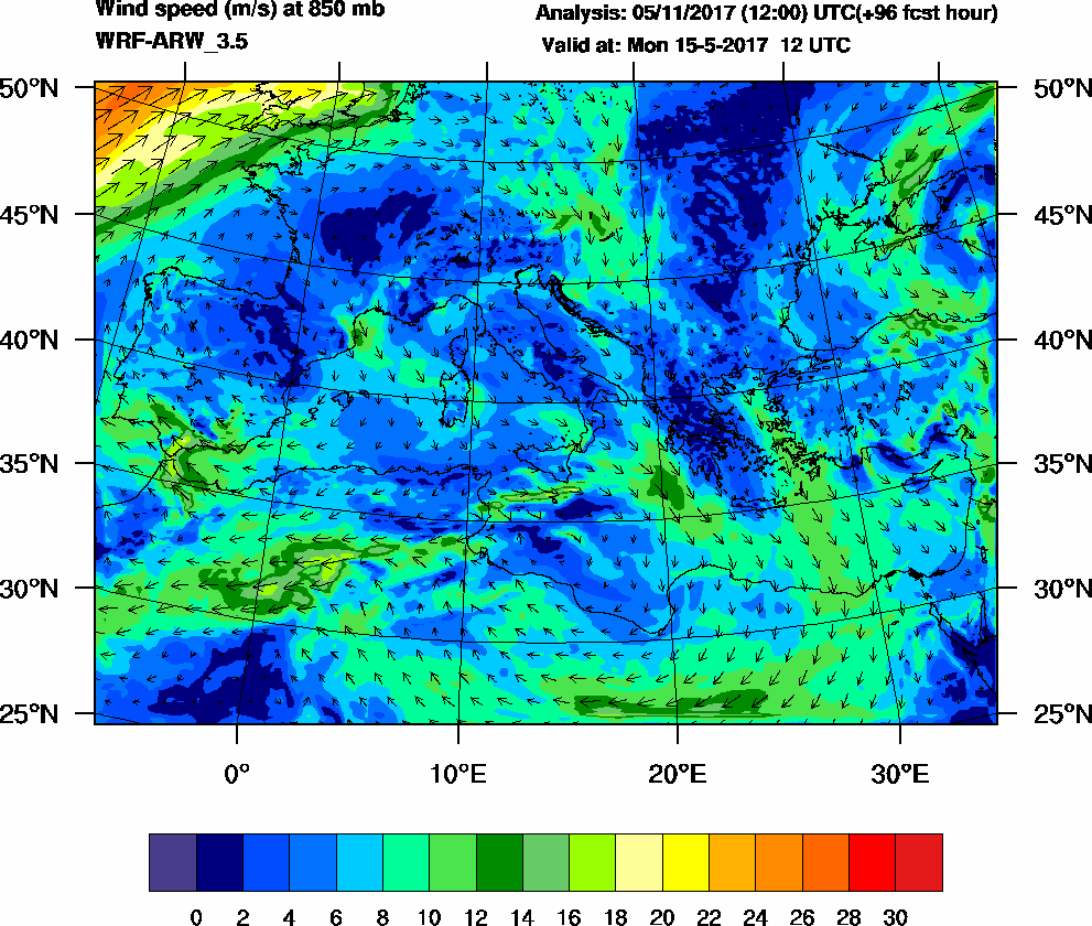 Wind speed (m/s) at 850 mb - 2017-05-15 12:00