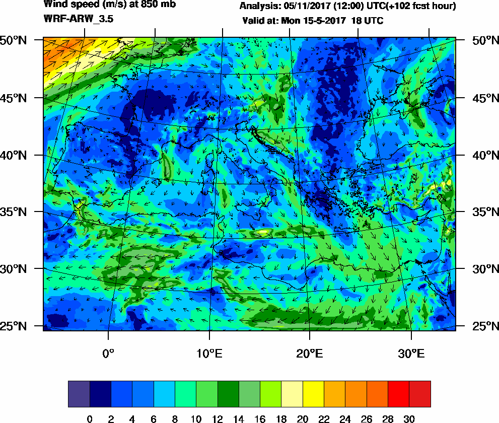 Wind speed (m/s) at 850 mb - 2017-05-15 18:00