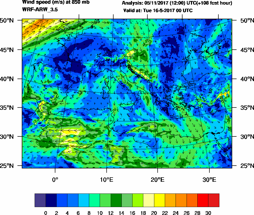 Wind speed (m/s) at 850 mb - 2017-05-16 00:00