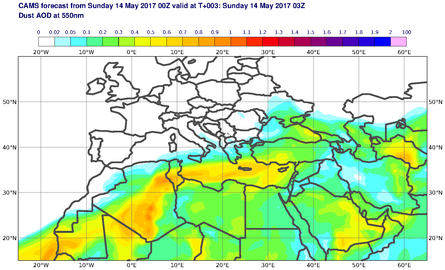 Dust AOD at 550nm valid at T3 - 2017-05-14 03:00