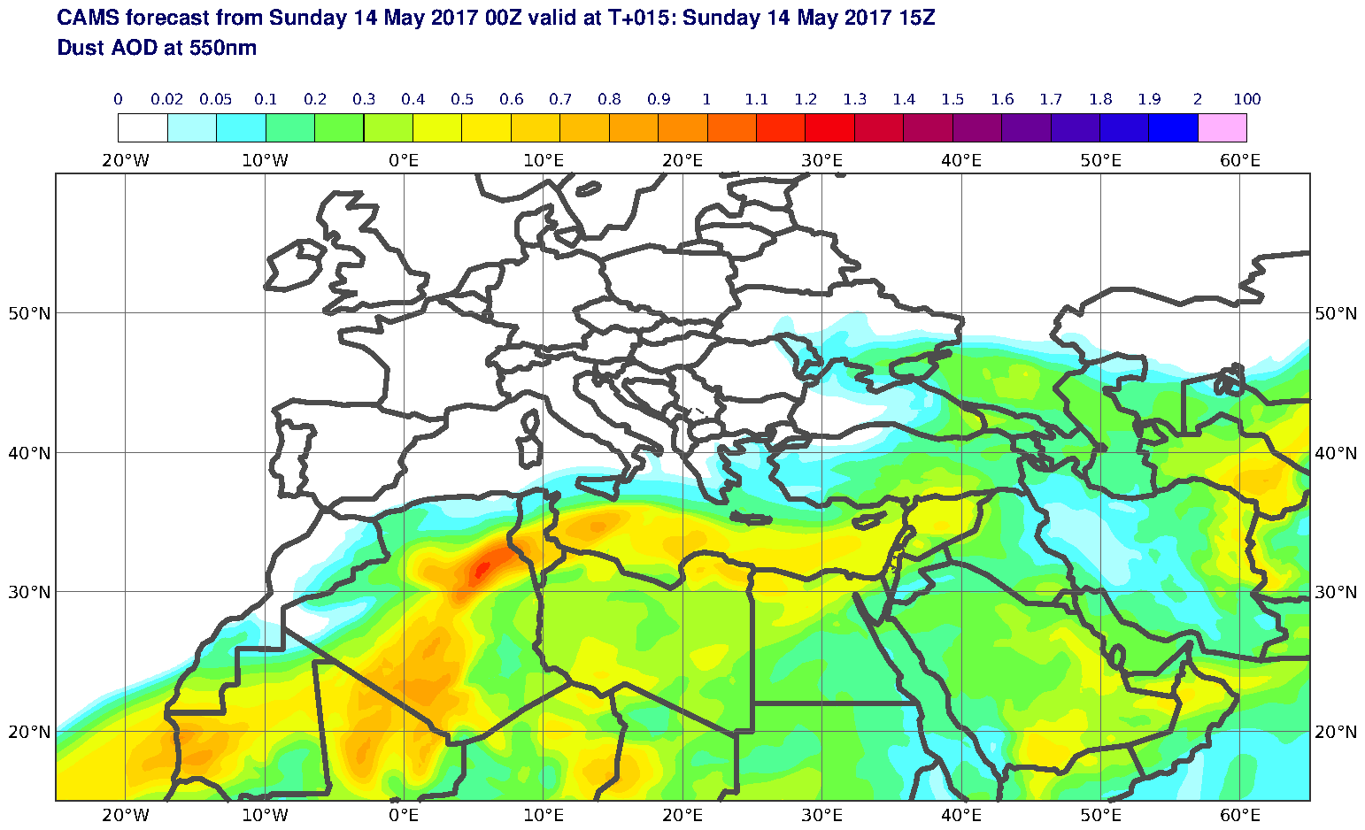Dust AOD at 550nm valid at T15 - 2017-05-14 15:00