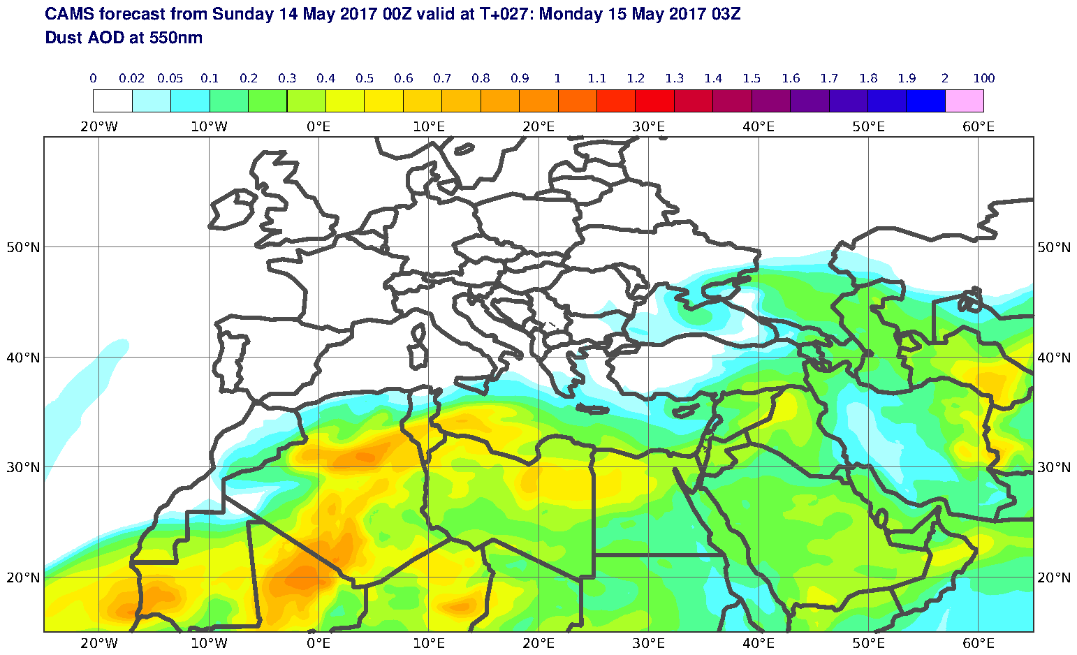 Dust AOD at 550nm valid at T27 - 2017-05-15 03:00