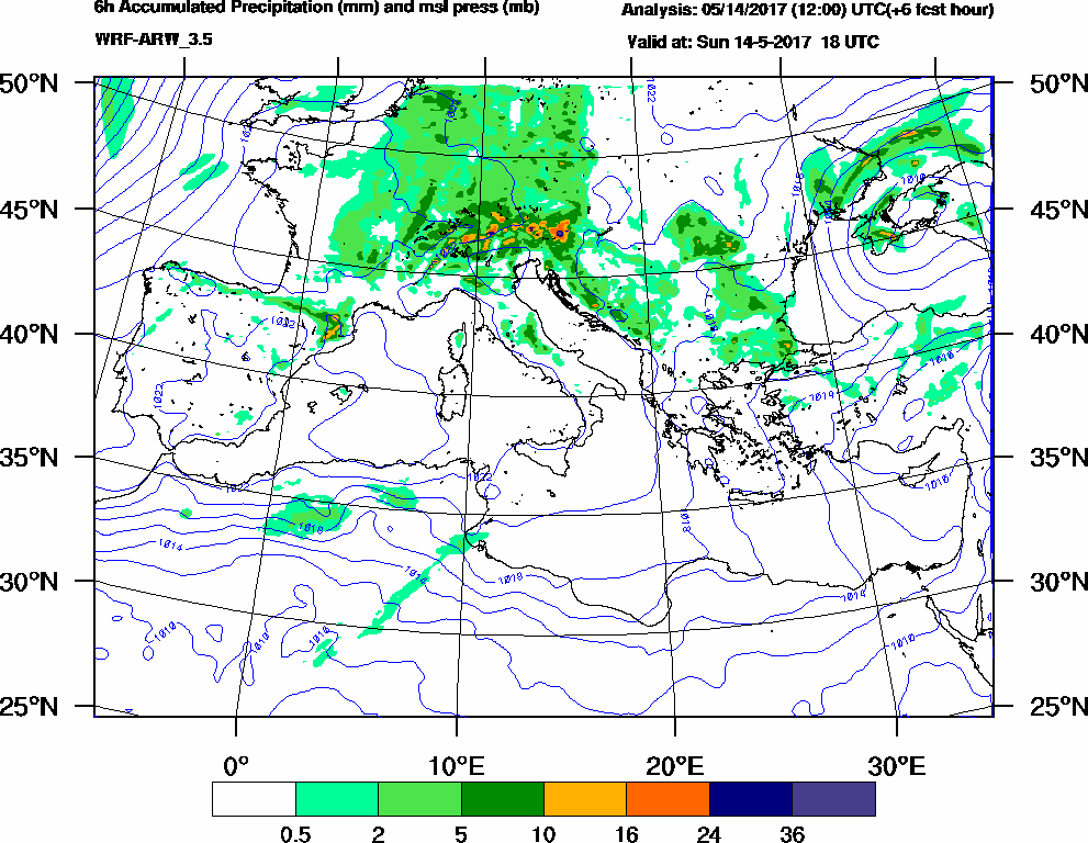 6h Accumulated Precipitation (mm) and msl press (mb) - 2017-05-14 12:00