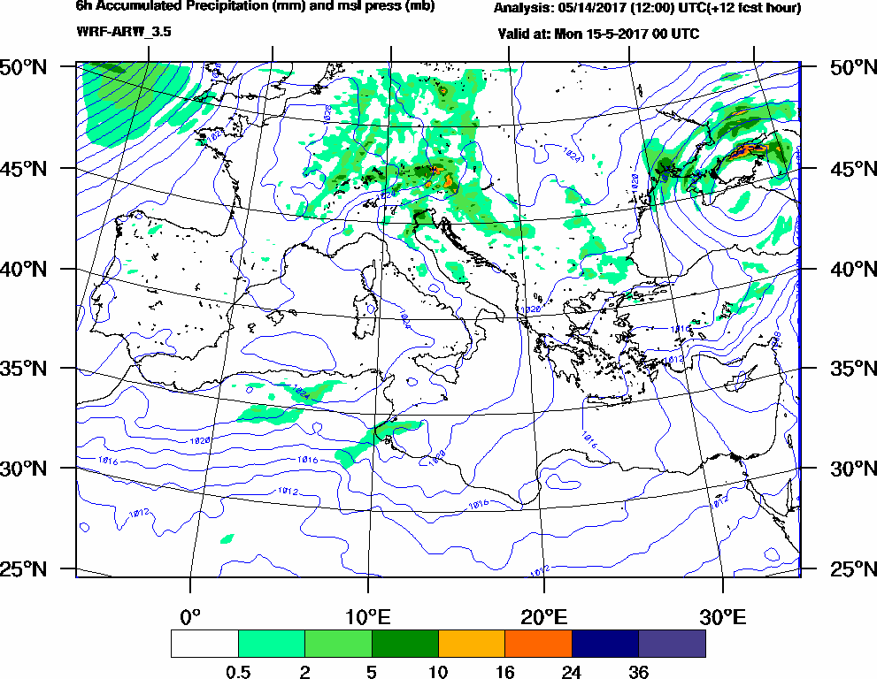 6h Accumulated Precipitation (mm) and msl press (mb) - 2017-05-14 18:00