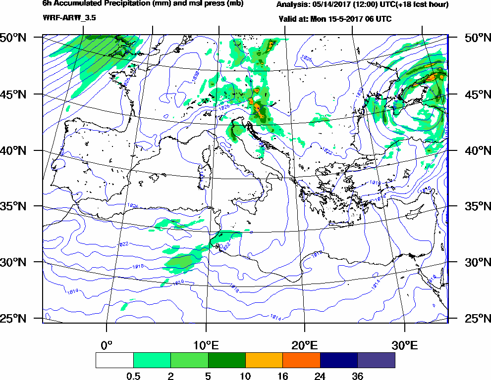 6h Accumulated Precipitation (mm) and msl press (mb) - 2017-05-15 00:00