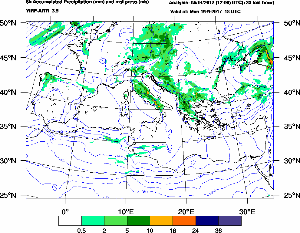 6h Accumulated Precipitation (mm) and msl press (mb) - 2017-05-15 12:00