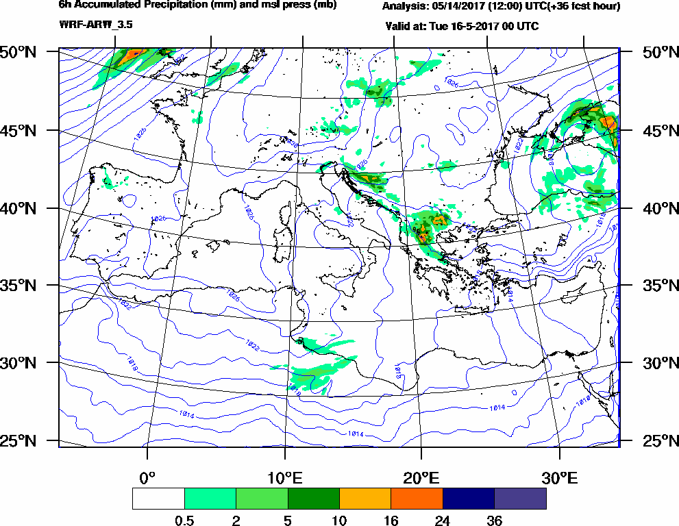 6h Accumulated Precipitation (mm) and msl press (mb) - 2017-05-15 18:00