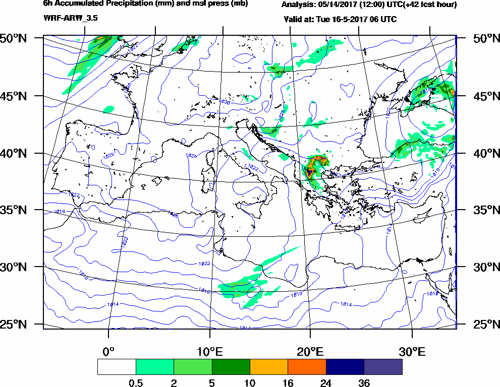 6h Accumulated Precipitation (mm) and msl press (mb) - 2017-05-16 00:00