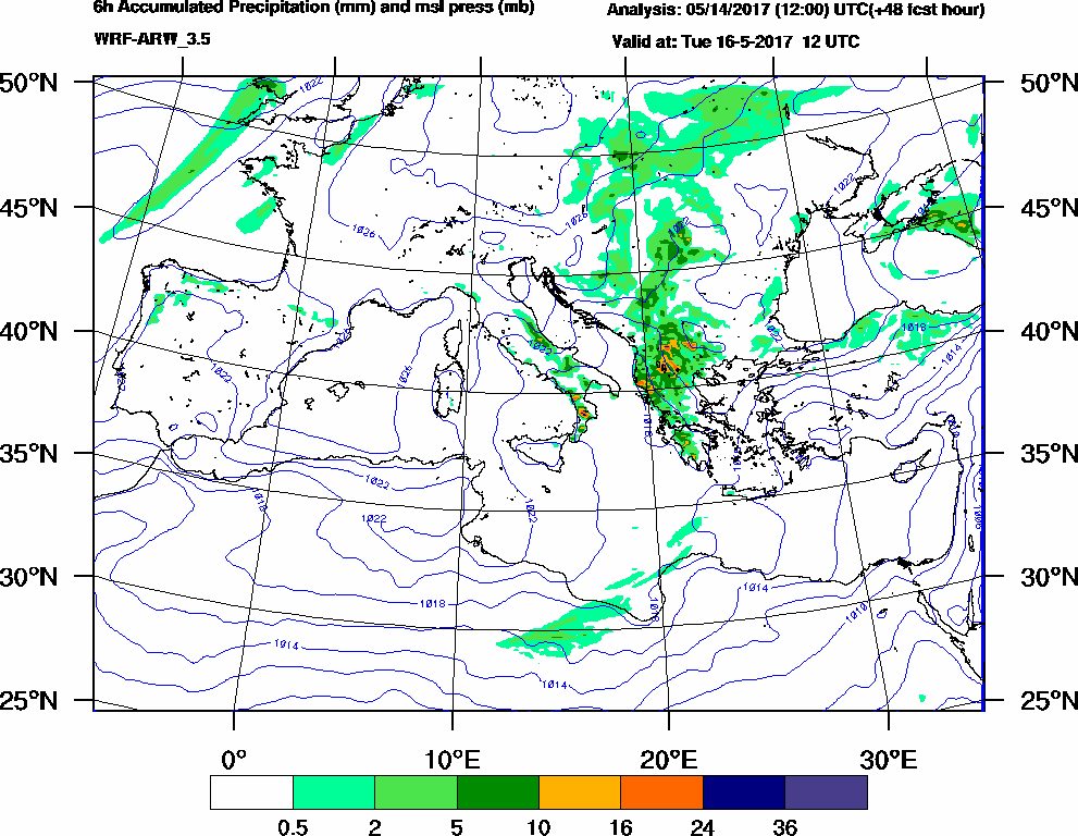 6h Accumulated Precipitation (mm) and msl press (mb) - 2017-05-16 06:00