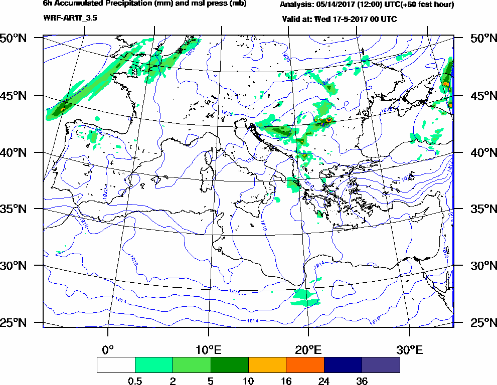 6h Accumulated Precipitation (mm) and msl press (mb) - 2017-05-16 18:00