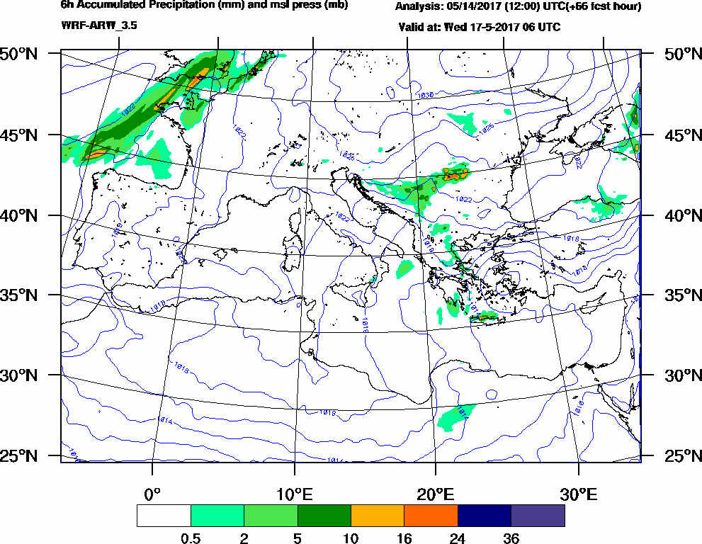 6h Accumulated Precipitation (mm) and msl press (mb) - 2017-05-17 00:00