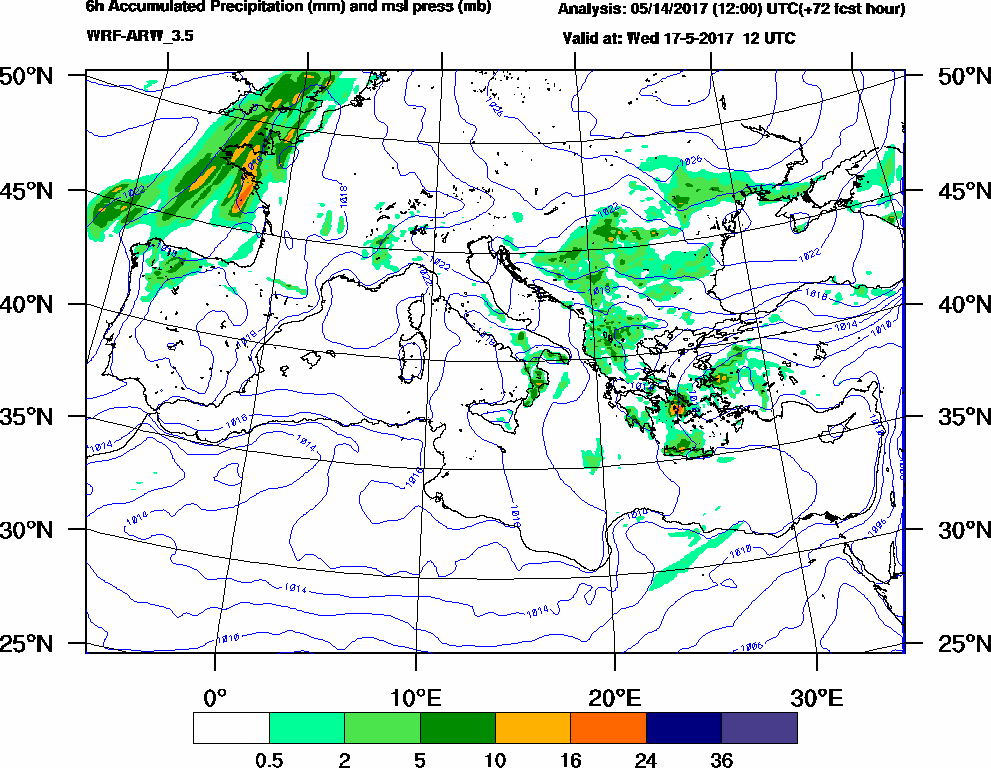 6h Accumulated Precipitation (mm) and msl press (mb) - 2017-05-17 06:00