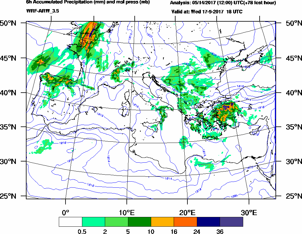 6h Accumulated Precipitation (mm) and msl press (mb) - 2017-05-17 12:00