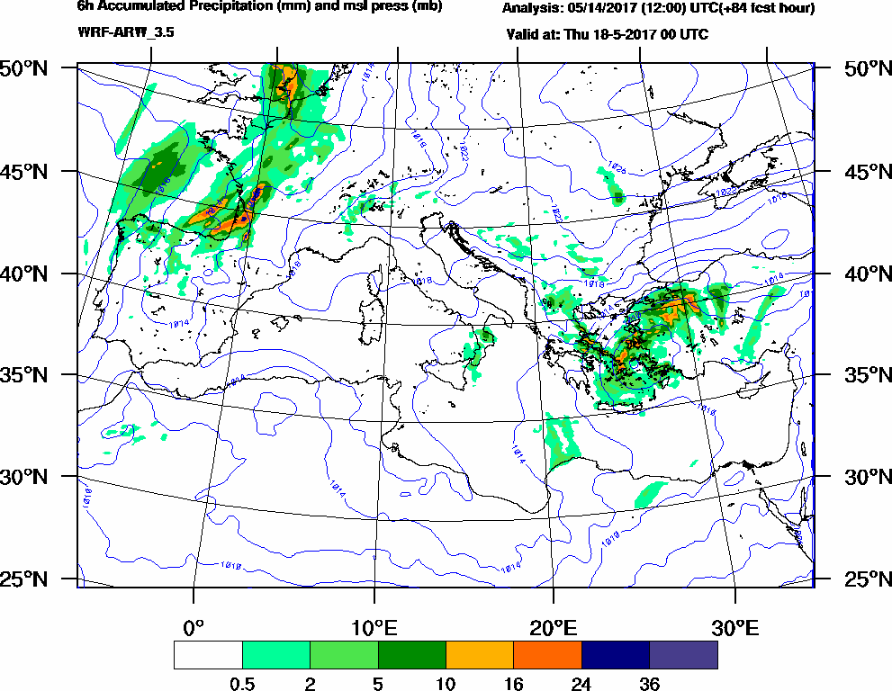 6h Accumulated Precipitation (mm) and msl press (mb) - 2017-05-17 18:00