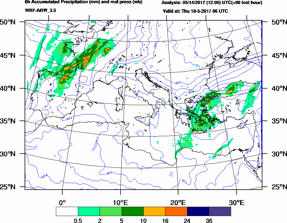 6h Accumulated Precipitation (mm) and msl press (mb) - 2017-05-18 00:00