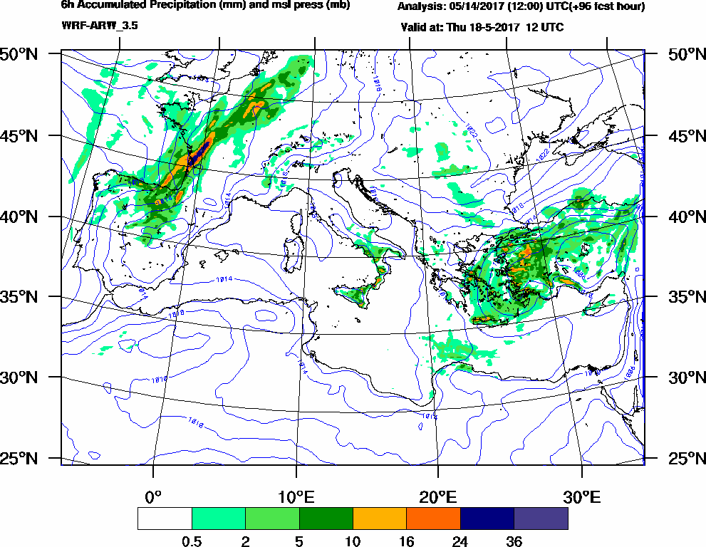 6h Accumulated Precipitation (mm) and msl press (mb) - 2017-05-18 06:00