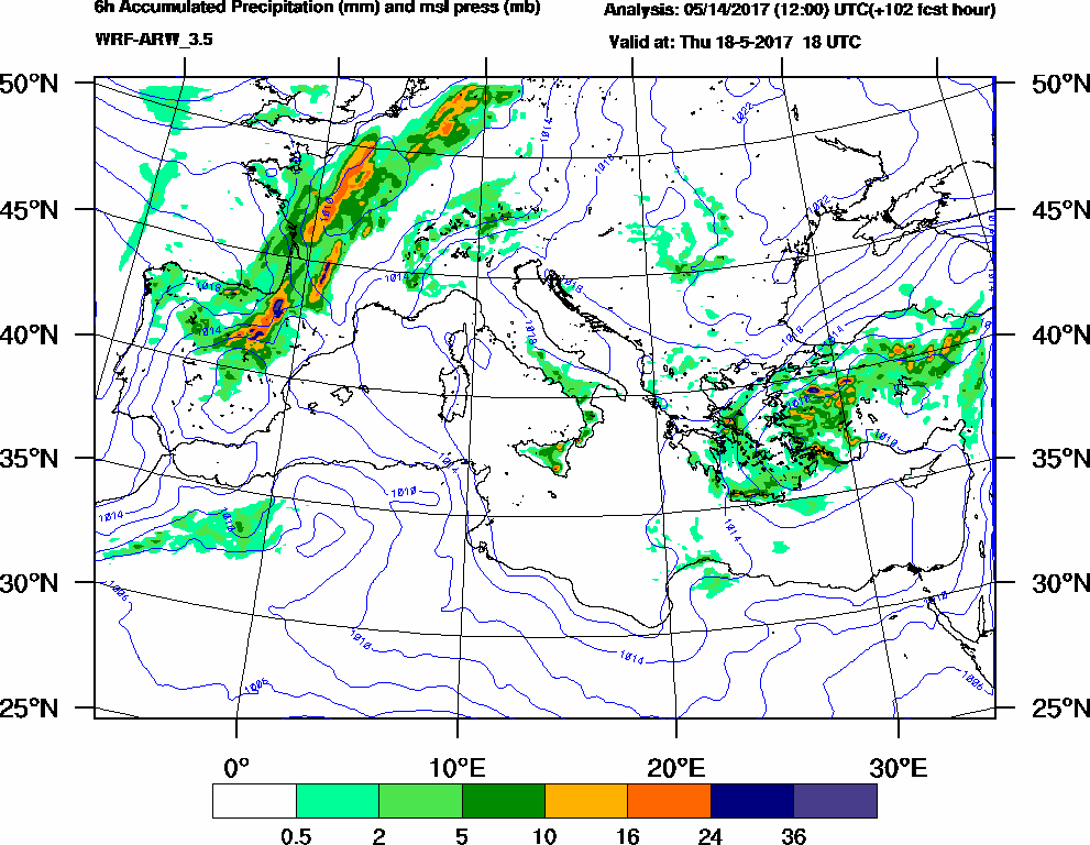 6h Accumulated Precipitation (mm) and msl press (mb) - 2017-05-18 12:00