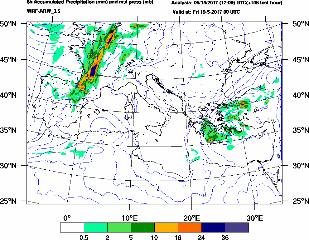 6h Accumulated Precipitation (mm) and msl press (mb) - 2017-05-18 18:00