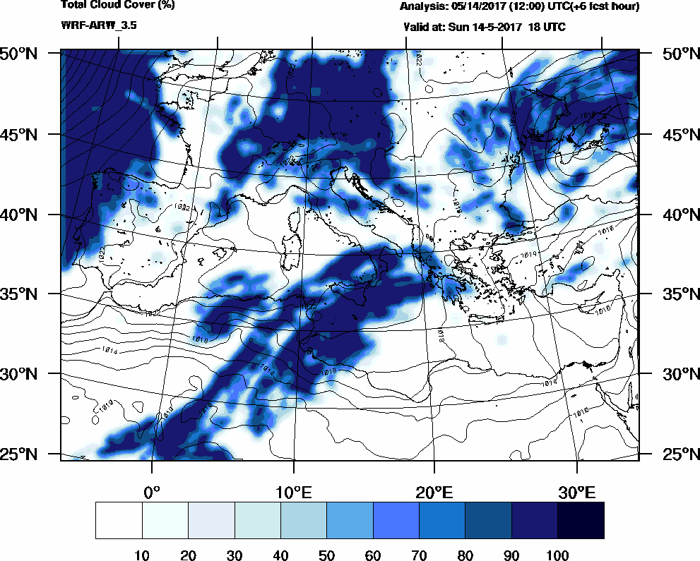 Total cloud cover (%) - 2017-05-14 12:00