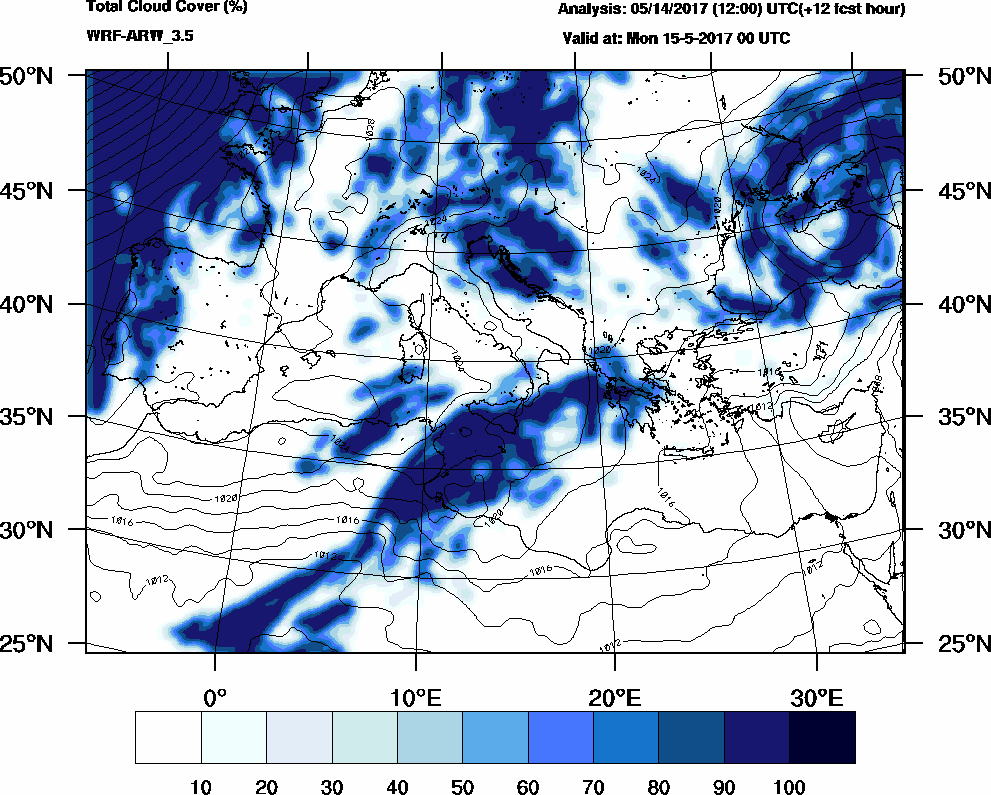 Total cloud cover (%) - 2017-05-14 18:00