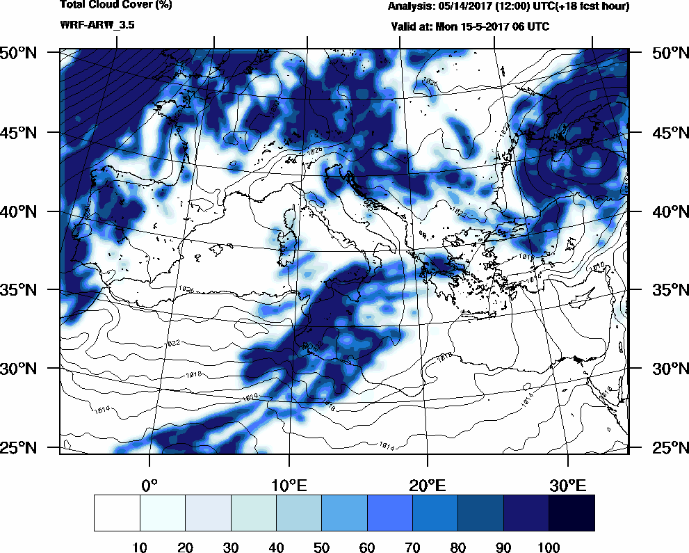 Total cloud cover (%) - 2017-05-15 00:00