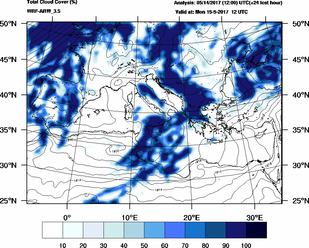 Total cloud cover (%) - 2017-05-15 06:00