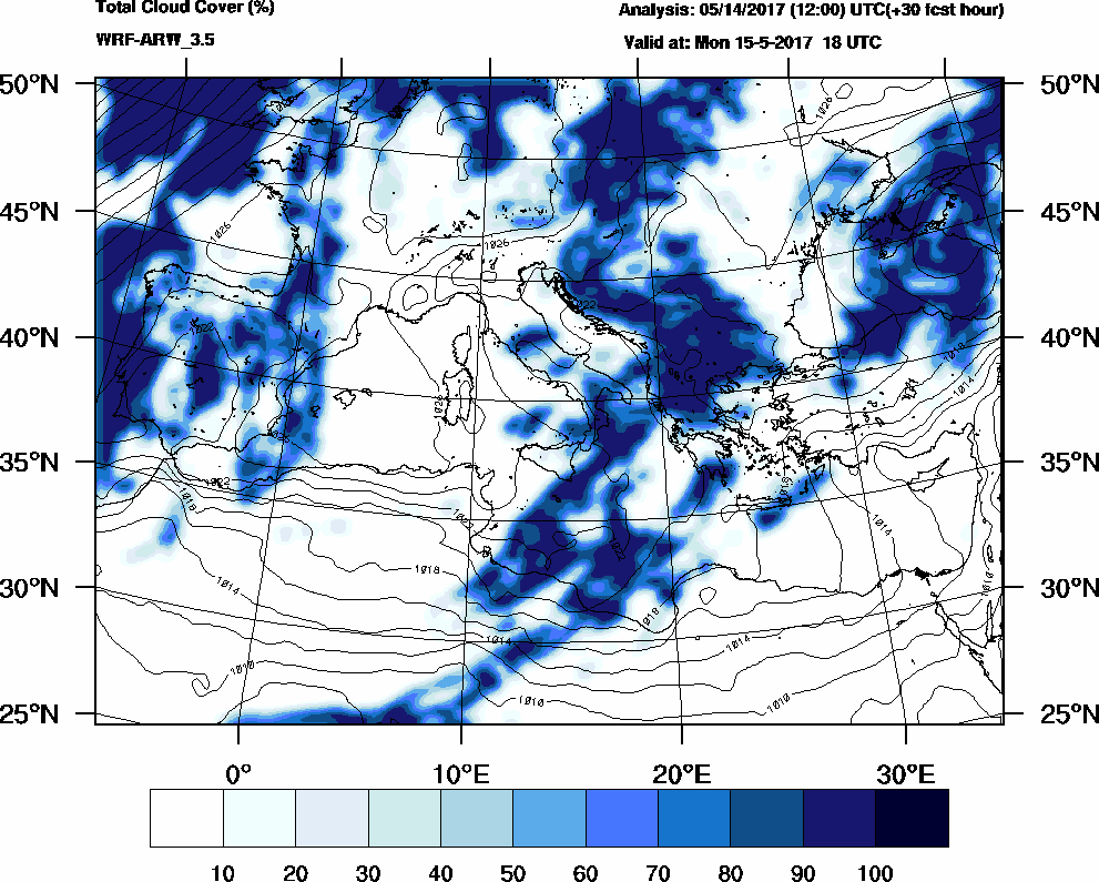 Total cloud cover (%) - 2017-05-15 12:00