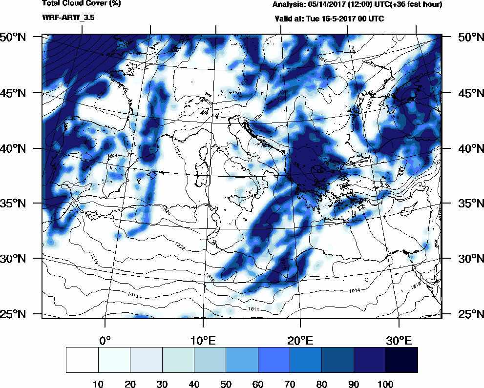 Total cloud cover (%) - 2017-05-15 18:00