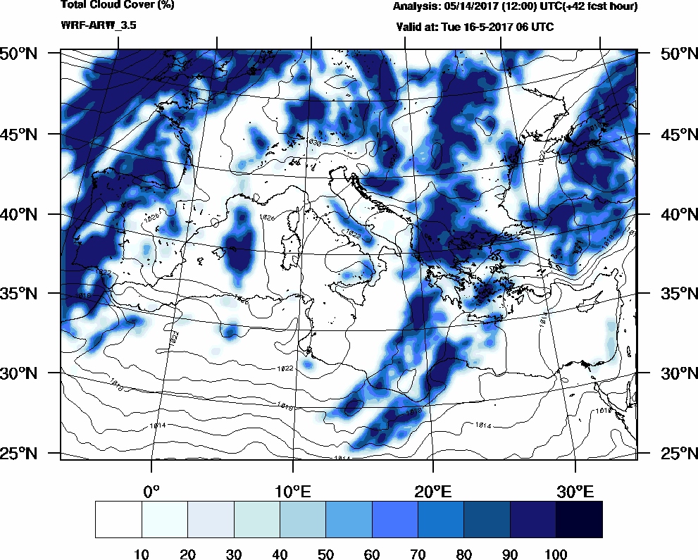 Total cloud cover (%) - 2017-05-16 00:00