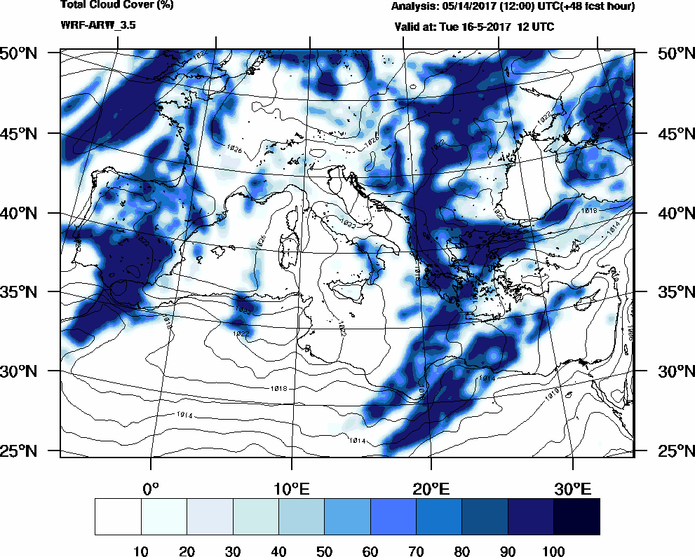 Total cloud cover (%) - 2017-05-16 06:00