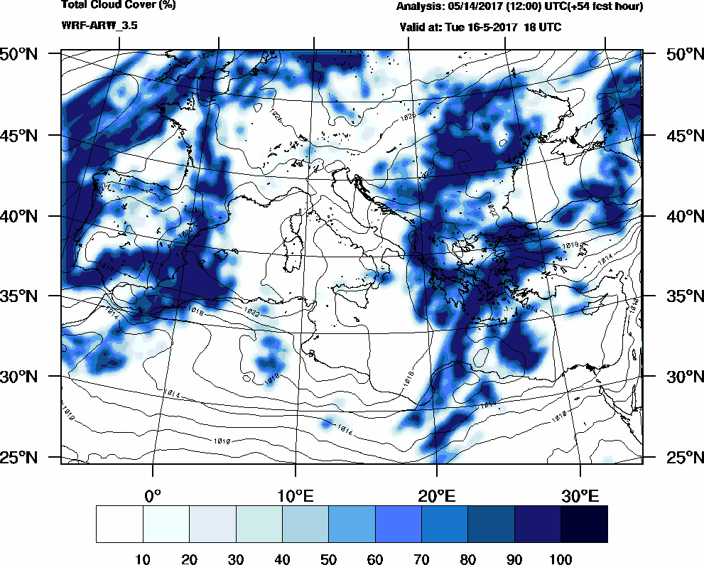 Total cloud cover (%) - 2017-05-16 12:00