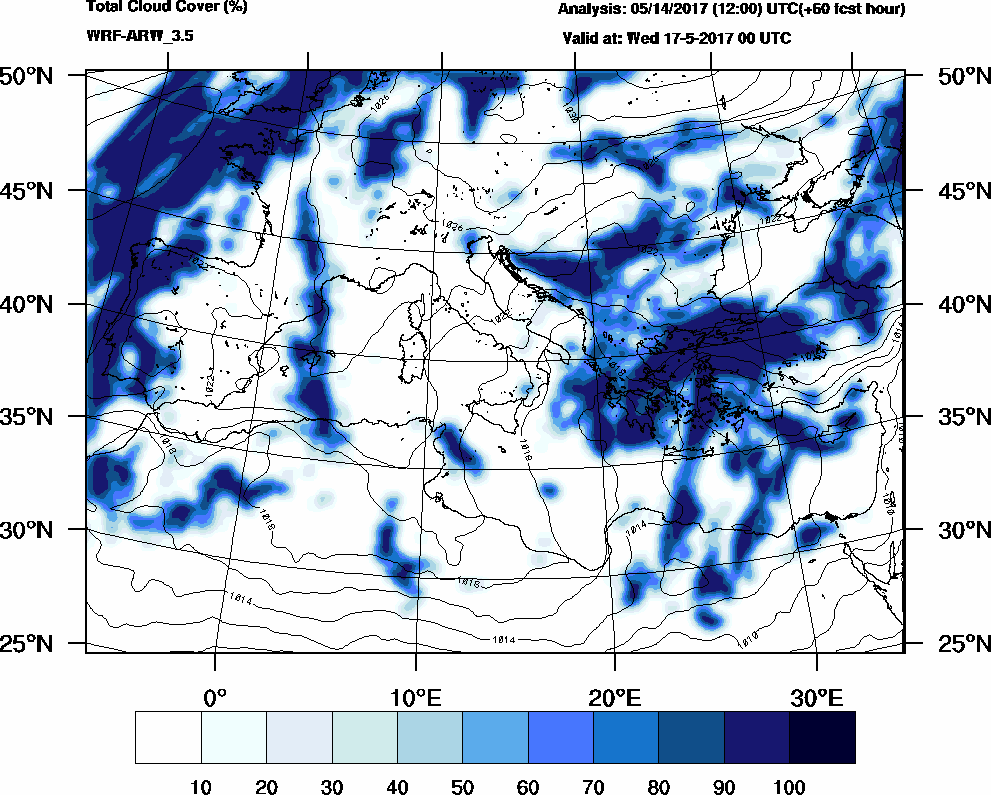 Total cloud cover (%) - 2017-05-16 18:00