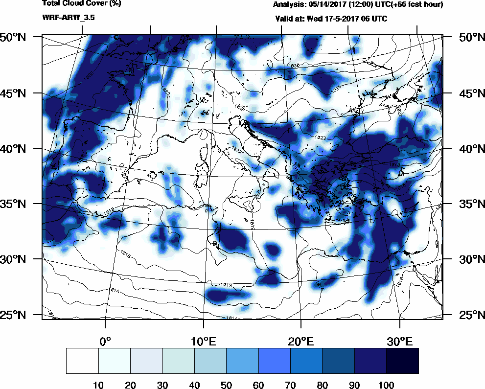 Total cloud cover (%) - 2017-05-17 00:00