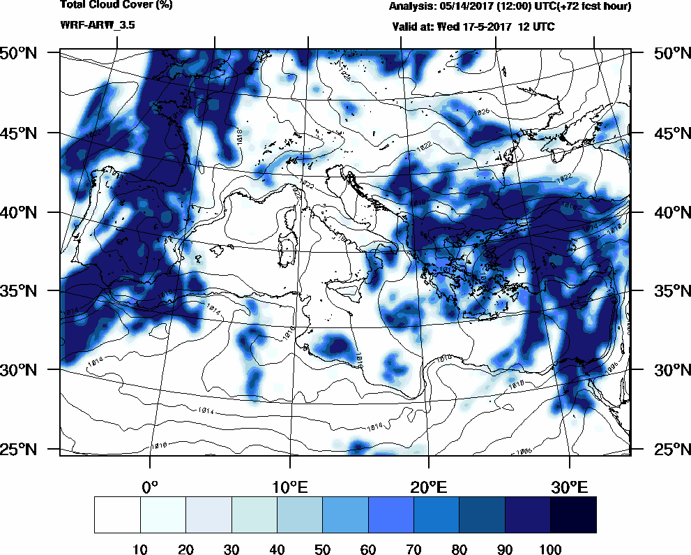 Total cloud cover (%) - 2017-05-17 06:00