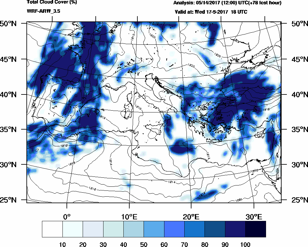 Total cloud cover (%) - 2017-05-17 12:00