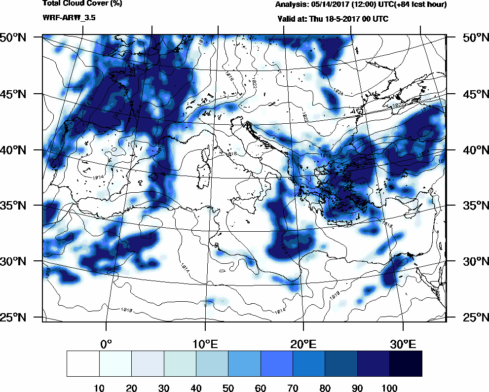 Total cloud cover (%) - 2017-05-17 18:00