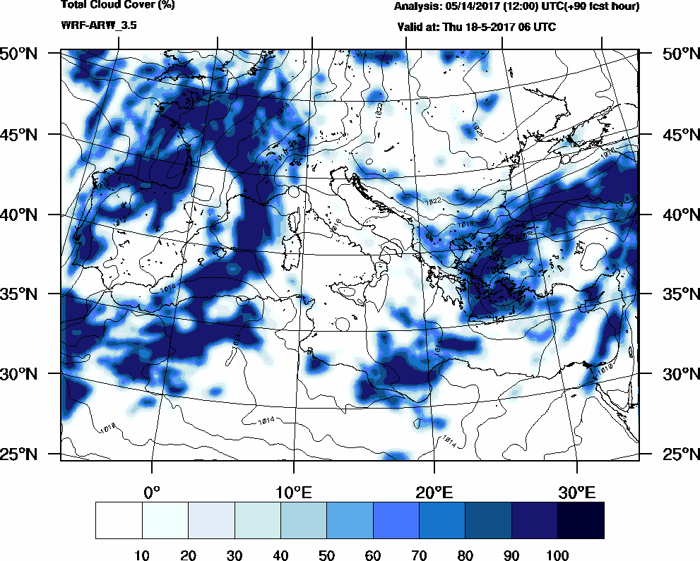 Total cloud cover (%) - 2017-05-18 00:00