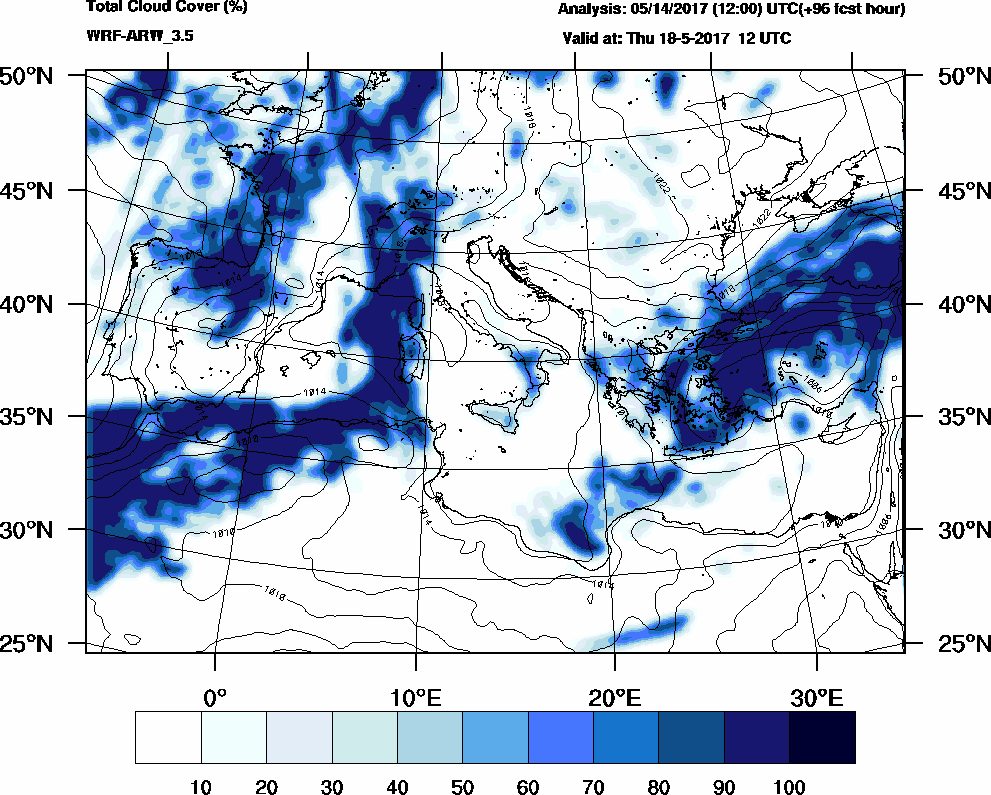 Total cloud cover (%) - 2017-05-18 06:00
